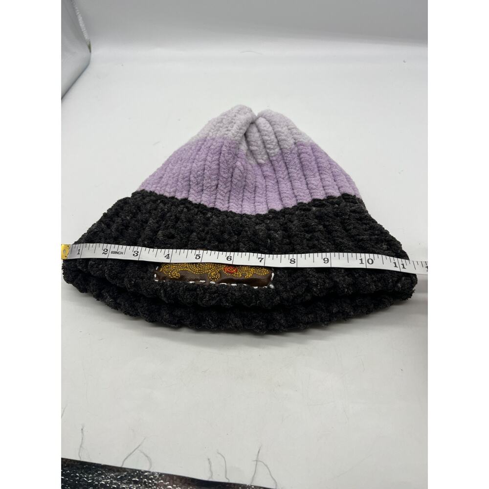 Chunky‎ Chenille Knit Bohemian Embroidered Logo Ski Cap Beanie Hat Purple Large - Picture 6 of 7